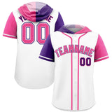 Custom White Purple and Pink Split Fashion Raglan Sleeves Authentic Baseball Hoodie Jersey