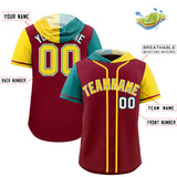Custom Crimson Aqua and Gold Split Fashion Raglan Sleeves Authentic Baseball Hoodie Jersey