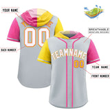 Custom Silver Gold and Pink Split Fashion Raglan Sleeves Authentic Baseball Hoodie Jersey