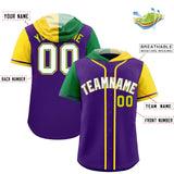 Custom Purple Kelly Green and Gold Split Fashion Raglan Sleeves Authentic Baseball Hoodie Jersey