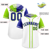 Custom White Royal and Neon Green Split Fashion Raglan Sleeves Authentic Baseball Hoodie Jersey
