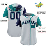 Custom Silver Navy and Aqua Split Fashion Raglan Sleeves Authentic Baseball Hoodie Jersey