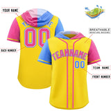 Custom Gold Powder Blue and Pink Split Fashion Raglan Sleeves Authentic Baseball Hoodie Jersey