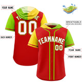 Custom Red Gold and Neon Green Split Fashion Raglan Sleeves Authentic Baseball Hoodie Jersey