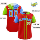 Custom Red Powder Blue and Neon Green Split Fashion Raglan Sleeves Authentic Baseball Hoodie Jersey