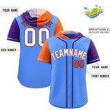 Custom Powder Blue Orange and Purple Split Fashion Raglan Sleeves Authentic Baseball Hoodie Jersey