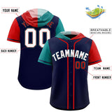 Custom Navy Aqua and Red Split Fashion Raglan Sleeves Authentic Baseball Hoodie Jersey