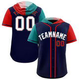 Custom Navy Aqua and Red Split Fashion Raglan Sleeves Authentic Baseball Hoodie Jersey