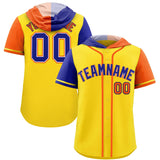 Custom Gold Royal and Orange Split Fashion Raglan Sleeves Authentic Baseball Hoodie Jersey