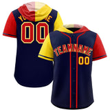 Custom Navy Gold and Red Split Fashion Raglan Sleeves Authentic Baseball Hoodie Jersey