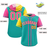 Custom Aqua Gold and Pink Split Fashion Raglan Sleeves Authentic Baseball Hoodie Jersey