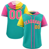 Custom Aqua Gold and Pink Split Fashion Raglan Sleeves Authentic Baseball Hoodie Jersey