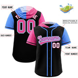 Custom Black Pink and Powder Blue Split Fashion Raglan Sleeves Authentic Baseball Hoodie Jersey