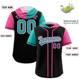 Custom Black Aqua and Pink Split Fashion Raglan Sleeves Authentic Baseball Hoodie Jersey