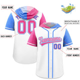 Custom White Pink and Powder Blue Split Fashion Raglan Sleeves Authentic Baseball Hoodie Jersey