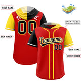 Custom Red Black and Gold Split Fashion Raglan Sleeves Authentic Baseball Hoodie Jersey