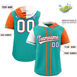 Custom Aqua White and Orange Split Fashion Raglan Sleeves Authentic Baseball Hoodie Jersey