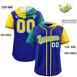 Custom Royal Aqua and Gold Split Fashion Raglan Sleeves Authentic Baseball Hoodie Jersey