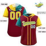Custom Crimson Aqua and Gold Split Fashion Raglan Sleeves Authentic Baseball Hoodie Jersey