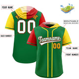 Custom Kelly Green Red and Gold Split Fashion Raglan Sleeves Authentic Baseball Hoodie Jersey