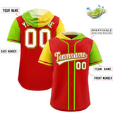 Custom Red Gold and Neon Green Split Fashion Raglan Sleeves Authentic Baseball Hoodie Jersey