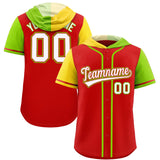 Custom Red Gold and Neon Green Split Fashion Raglan Sleeves Authentic Baseball Hoodie Jersey