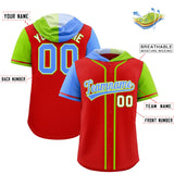 Custom Red Powder Blue and Neon Green Split Fashion Raglan Sleeves Authentic Baseball Hoodie Jersey