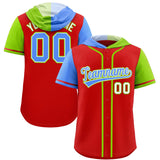 Custom Red Powder Blue and Neon Green Split Fashion Raglan Sleeves Authentic Baseball Hoodie Jersey