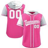 Custom Pink White and Silver Split Fashion Raglan Sleeves Authentic Baseball Hoodie Jersey