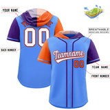 Custom Powder Blue Orange and Purple Split Fashion Raglan Sleeves Authentic Baseball Hoodie Jersey