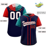 Custom Navy Aqua and Red Split Fashion Raglan Sleeves Authentic Baseball Hoodie Jersey