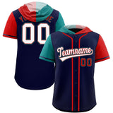 Custom Navy Aqua and Red Split Fashion Raglan Sleeves Authentic Baseball Hoodie Jersey