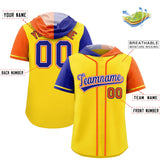 Custom Gold Royal and Orange Split Fashion Raglan Sleeves Authentic Baseball Hoodie Jersey