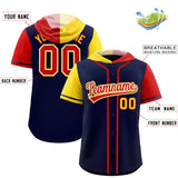 Custom Navy Gold and Red Split Fashion Raglan Sleeves Authentic Baseball Hoodie Jersey