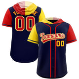 Custom Navy Gold and Red Split Fashion Raglan Sleeves Authentic Baseball Hoodie Jersey