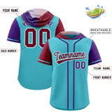 Custom Sky Blue Crimson and Purple Split Fashion Raglan Sleeves Authentic Baseball Hoodie Jersey