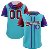 Custom Sky Blue Crimson and Purple Split Fashion Raglan Sleeves Authentic Baseball Hoodie Jersey