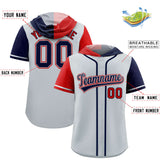 Custom Silver Red and Navy Split Fashion Raglan Sleeves Authentic Baseball Hoodie Jersey