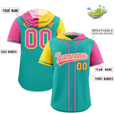 Custom Aqua Gold and Pink Split Fashion Raglan Sleeves Authentic Baseball Hoodie Jersey