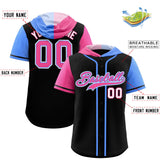 Custom Black Pink and Powder Blue Split Fashion Raglan Sleeves Authentic Baseball Hoodie Jersey