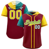 Custom Crimson Aqua and Gold Split Fashion Raglan Sleeves Authentic Baseball Hoodie Jersey