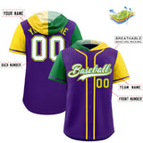Custom Purple Kelly Green and Gold Split Fashion Raglan Sleeves Authentic Baseball Hoodie Jersey