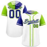 Custom White Royal and Neon Green Split Fashion Raglan Sleeves Authentic Baseball Hoodie Jersey