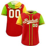 Custom Red Gold and Neon Green Split Fashion Raglan Sleeves Authentic Baseball Hoodie Jersey