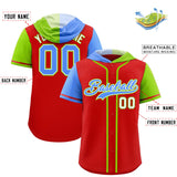 Custom Red Powder Blue and Neon Green Split Fashion Raglan Sleeves Authentic Baseball Hoodie Jersey