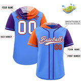 Custom Powder Blue Orange and Purple Split Fashion Raglan Sleeves Authentic Baseball Hoodie Jersey