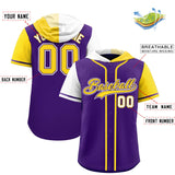 Custom Purple White and Gold Split Fashion Raglan Sleeves Authentic Baseball Hoodie Jersey