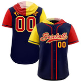 Custom Navy Gold and Red Split Fashion Raglan Sleeves Authentic Baseball Hoodie Jersey