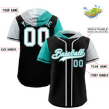 Custom Black Aqua and Silver Split Fashion Raglan Sleeves Authentic Baseball Hoodie Jersey