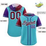 Custom Sky Blue Crimson and Purple Split Fashion Raglan Sleeves Authentic Baseball Hoodie Jersey